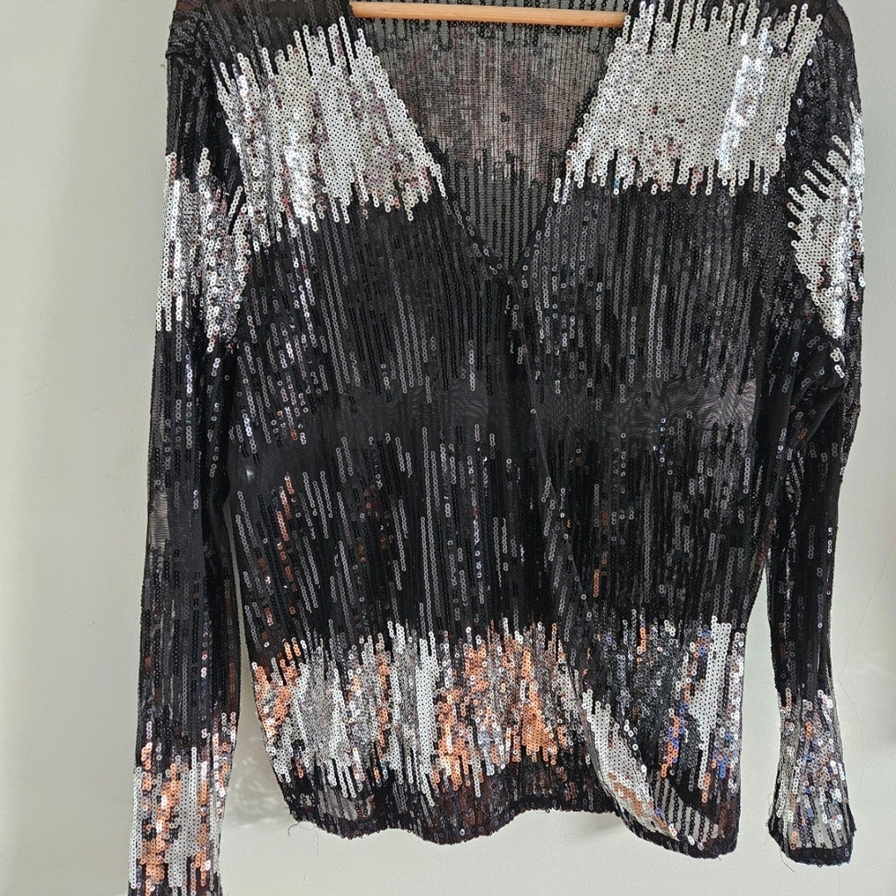 Sequin V-Neck Black and Silver Top